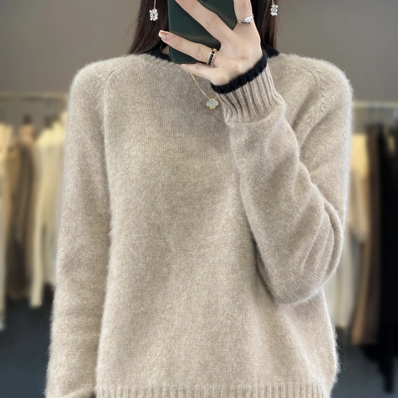 Sweter Wol Merino 100% Warna Solid Musim Gugur Musim Dingin Mode Atasan Pakaian Santai Klasik Kasmir Pulover Lengan Panjang Leher-o