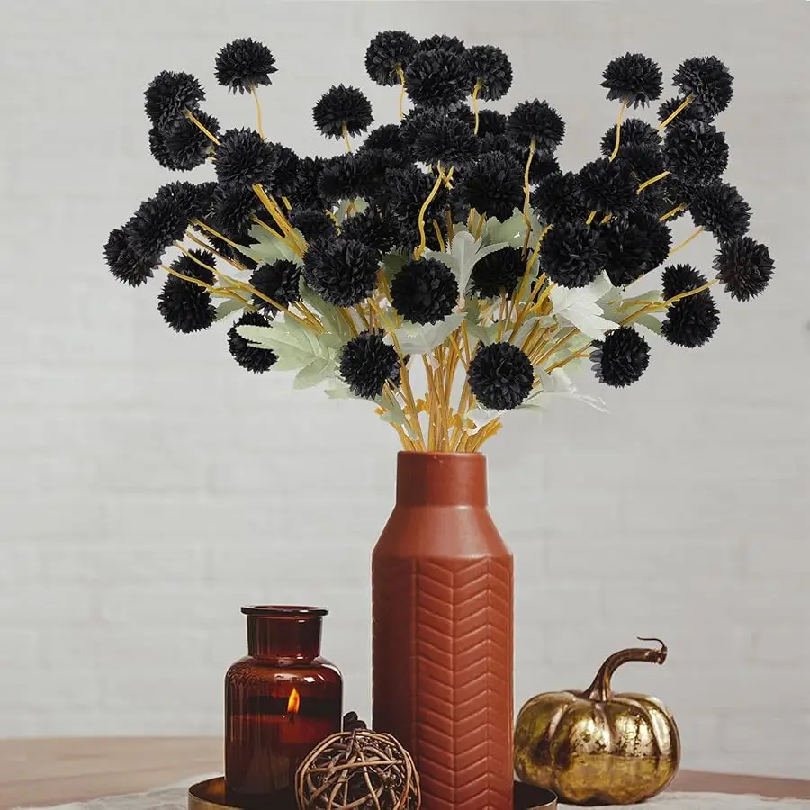 

12 Piece Artificial Chrysanthemum Flowers, Mini Black Kiku Pom Pom Mums Flower Faux Floral Arrangements Halloween Centerpiece fo