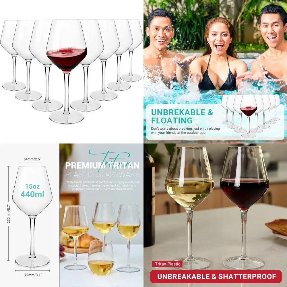 

Unbreakable Stemmed Plastic Wine Glasses Dishwasher Safe 15 oz, Set of 8, Durable Glassware for Everyday Use