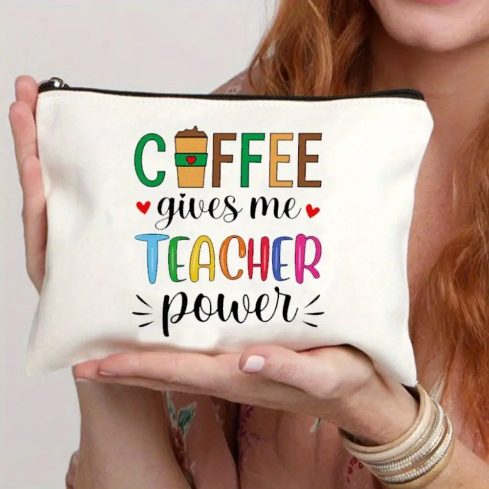 Coffee Give Me Teacher Power Zipper Pen Bag Portable Student Stationery Women Linen Cosmetic Bags Multi-function Large Capacity