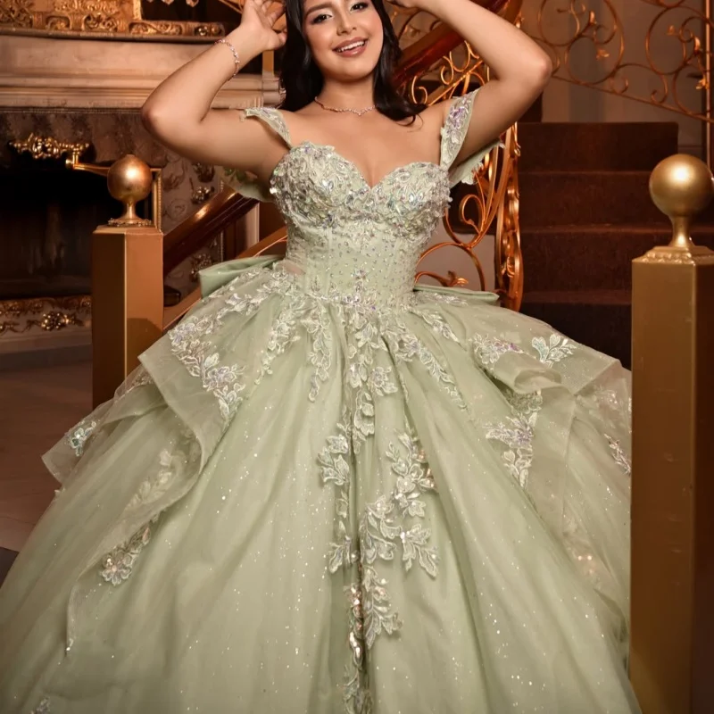 Green Quinceanera Dress Glitter Flower Decal Long tail off-shoulder Lace Layering Bow Vestidos De 15 Quinceanera ﻿Customize