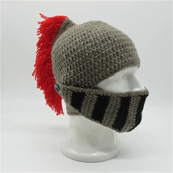 Warm Winter Handmade Funny Hats Original Red Tassel Roman Knight Helmet Mask Beanies Cosplay Caps Men's Women's Gag Party Gifts