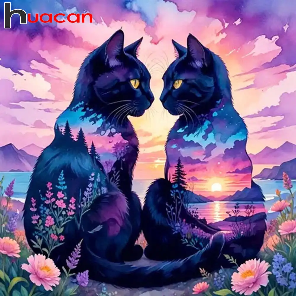 Huacan Diamantgemälde Katze Tier Diamant Stickerei Blumenlandschaft Komplettset Strassbilder