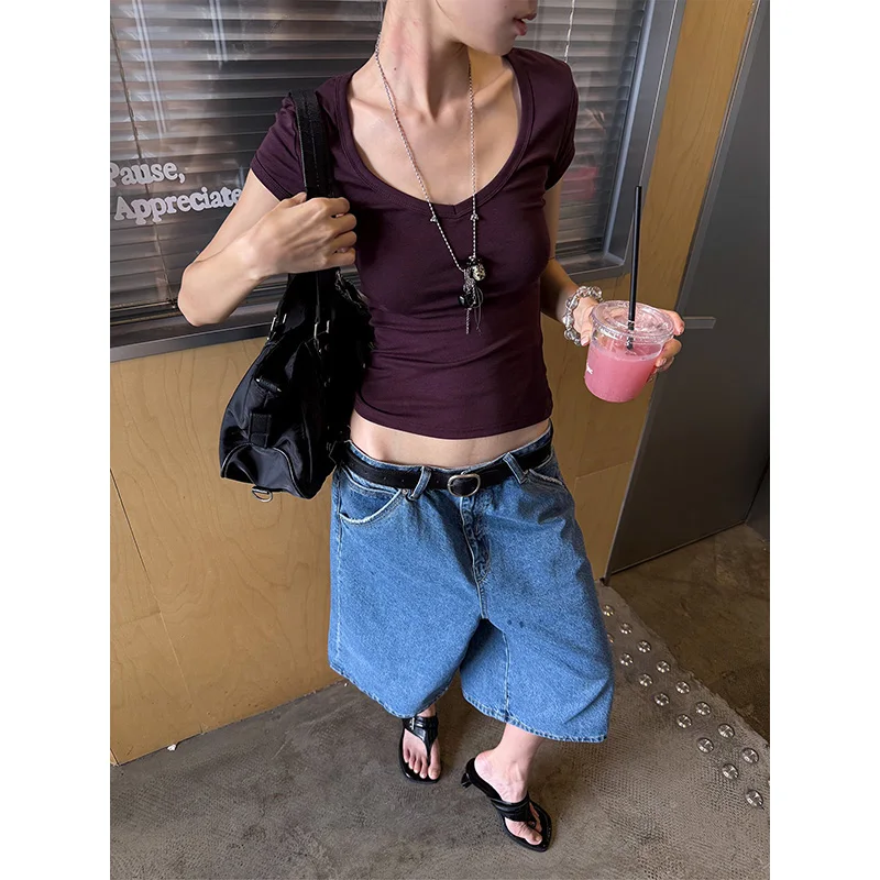 Benuynffy Vintage Wide Leg Cropped Jeans Women 2026 Summer New Fashion Korean Street Mid Waisted Basic Versatile Denim Pants