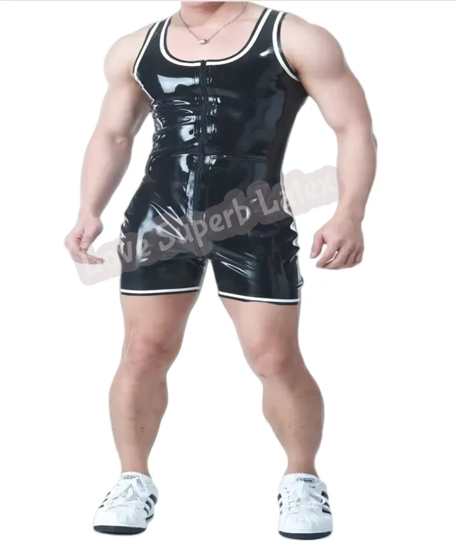 

Черный с белыми линиями, боди из латексной резины, трико Gummi, уникальные короткие комбинезоны, крутые комбинезоны, черный с белым, по индивидуальному заказу, 0,4 мм