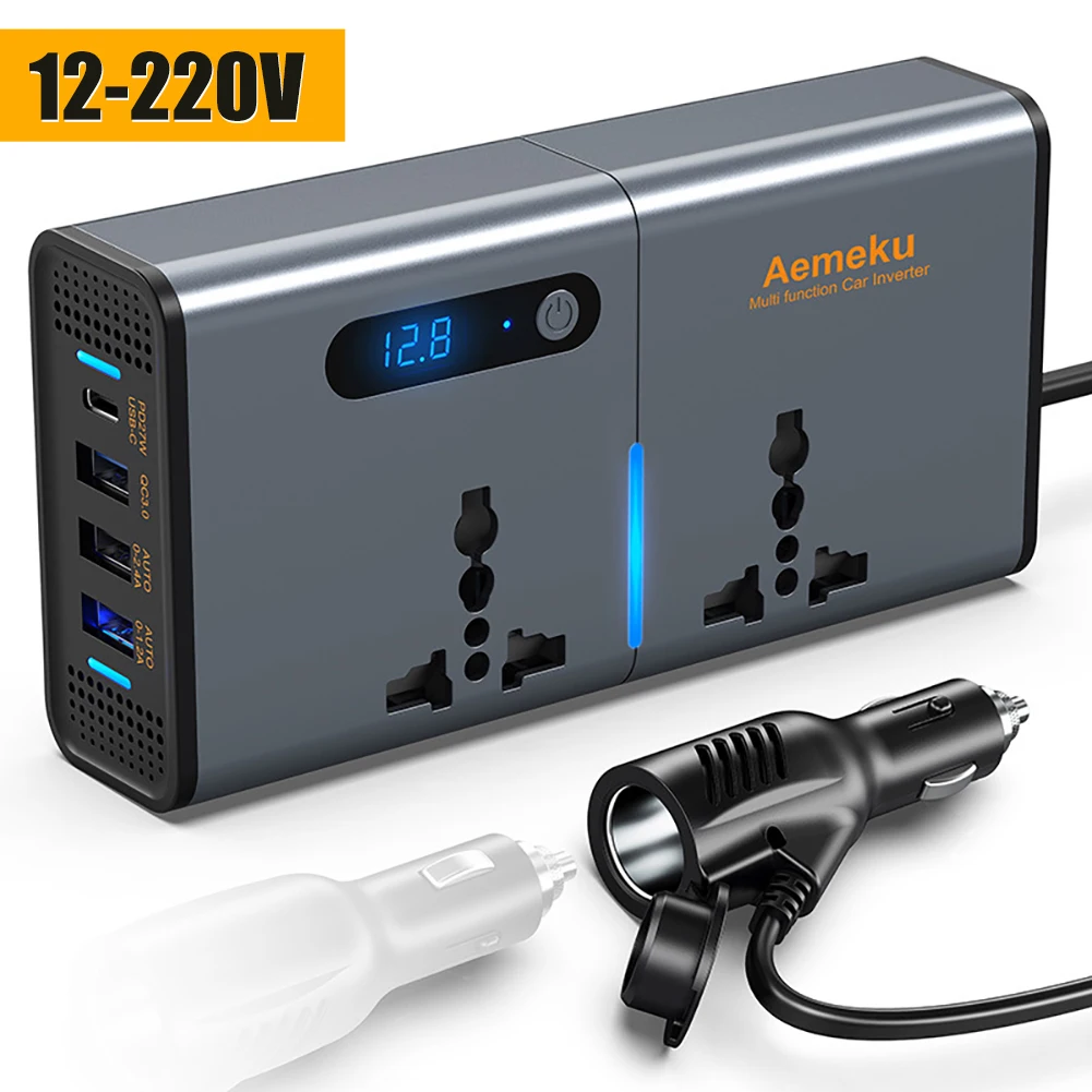 200W Power Inverter Sinewave 12V DC to 110V AC Inverter Adapter with 4 USB Ports Fast Charging LCD Display Power Transformer