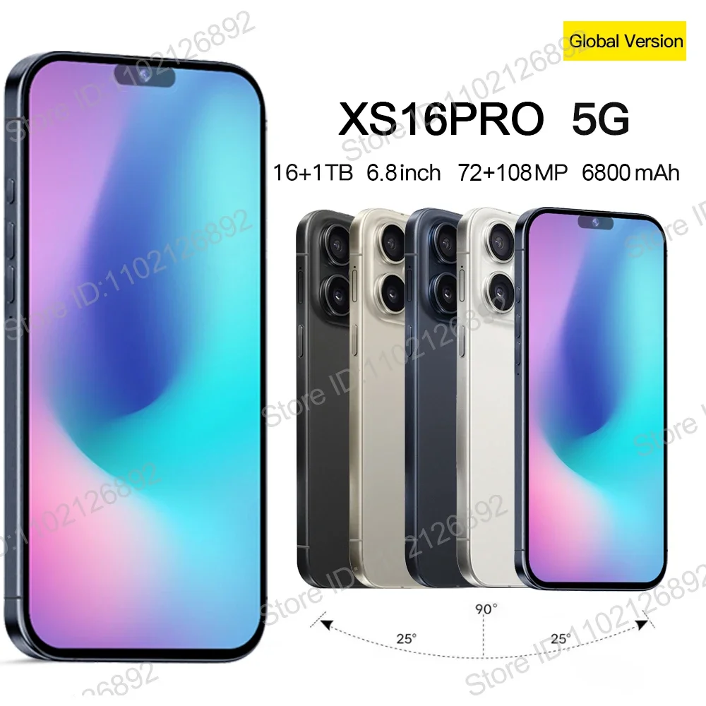 Ponsel cerdas layar penuh XS 16Pro, ponsel pintar 6.8 inci, layar penuh 4G 5G, ponsel 6800mAh versi Global