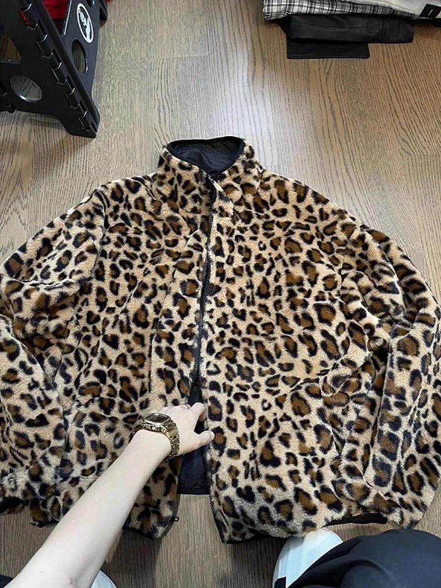 

American Sle Vintage Double-Sided Thiened Cotton Jaet for Men Leopard Print Anti-Rabbit Fur Winter Outerwear