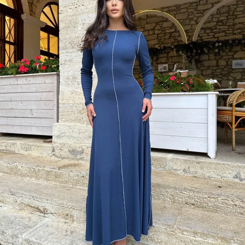

Women Spring Casual Long Sleeve Round O Neck Blue Fittness A-Line Sexy Elegant Retro Vintage Korean Solid Slim Long Maxi Dress