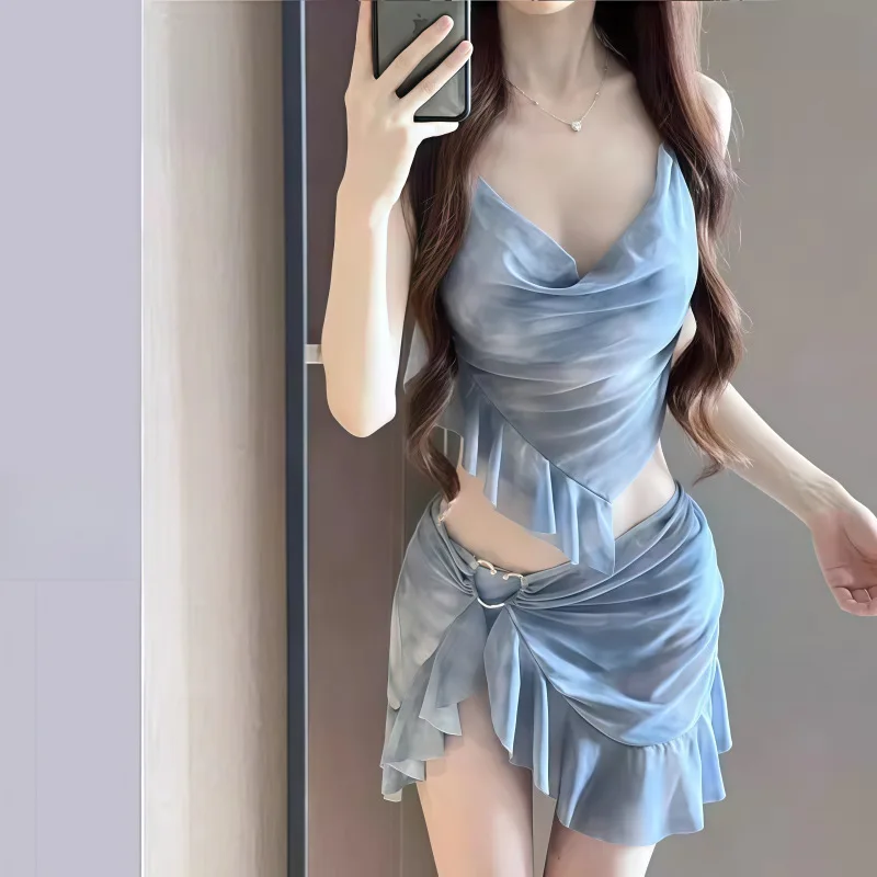 Sexy Badeanzug Frauen Bikini Set Mode Y2K Rosa Split Badeanzug Drei Stück Frauen Bademode Bade Chic Urlaub Beachwear