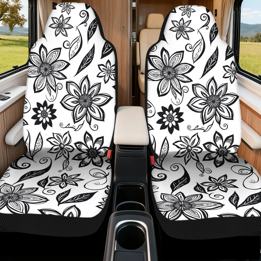 2pcs, Unique Floral Black And White Fantasy Pattern Car Seat Covers, Soft And All Season Use, Compatible With Cars, SUVs, And Tr