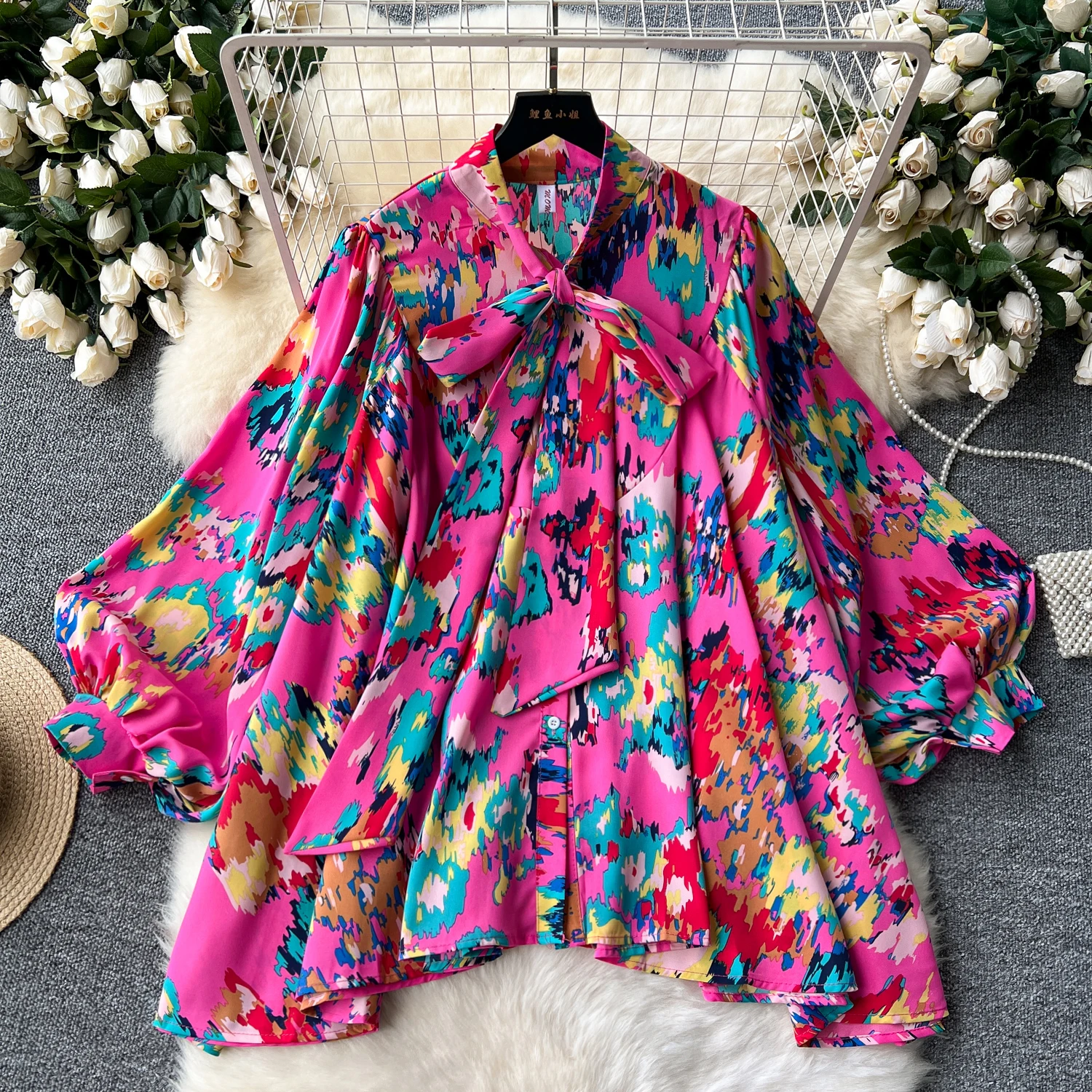 Chic Sweet Bow Lace-up lantern sleeve loose print Blouse Elegant French Fashion Sexy Shirt summer vintage Women Top