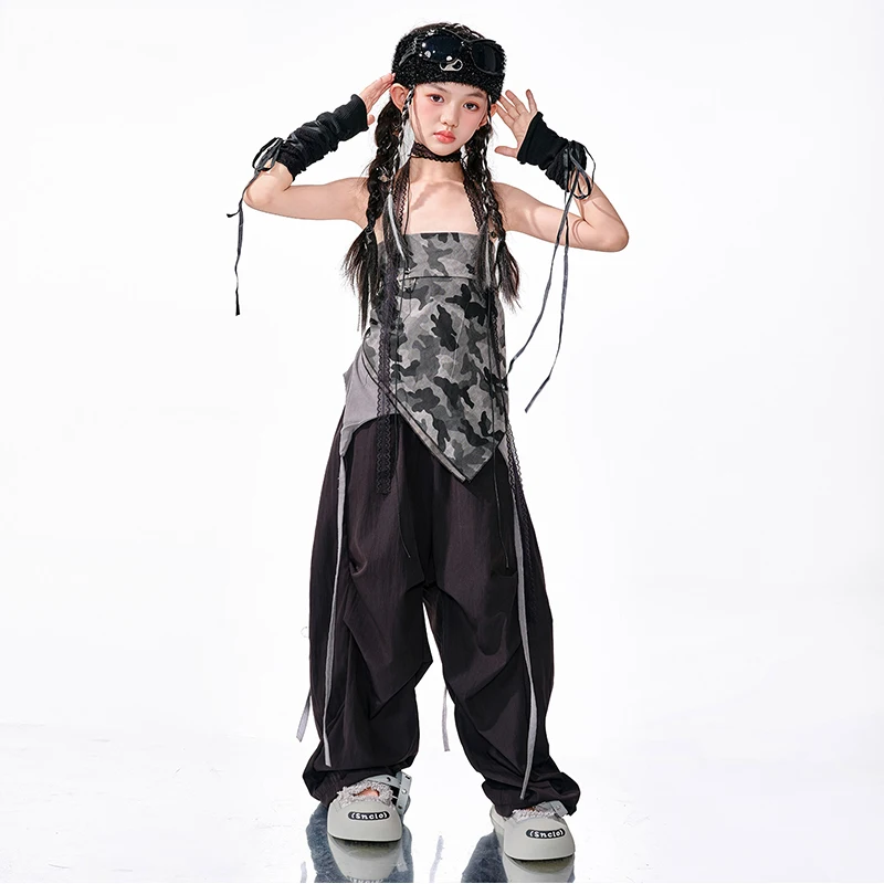 Costume da ballo jazz per ragazze Set hip-hop Camouflage Crop Top Pantaloni larghi neri Bambini Street Dance Abiti da performance hip-hop AMY2194