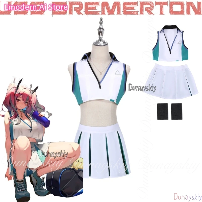 

Azur Lane Game USS Bremerton Косплей с розовыми бликами Двойные хвостики Белое болеро и короткая юбка Косплей 코스프레 Полный комплект