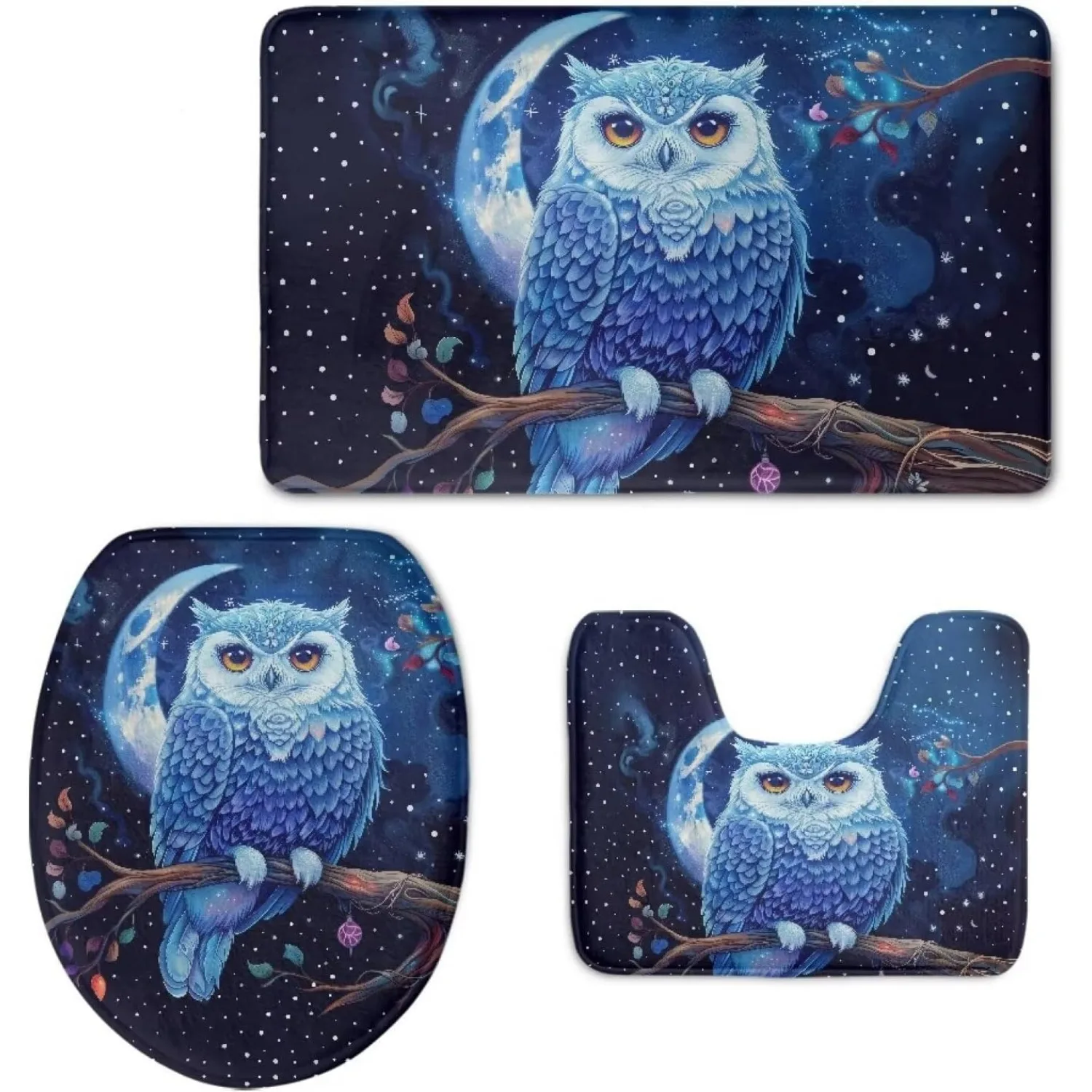 

3 шт. Набор полиэстеровых ковриков для ванной комнаты с синей совой и луной, быстросохнущая подушка из пены с эффектом памяти, нескользящий коврик для ванной комнаты для интерьера и экстерьера дома на колесах