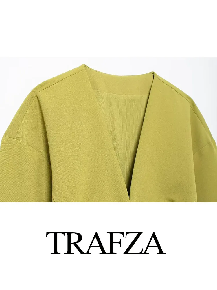 TRAFZA Women Fashion Long Sleeved V-Neck Belt Decorate Casual Short Top Female Elegant Retro Solid Color Slim Coat Top Mujer