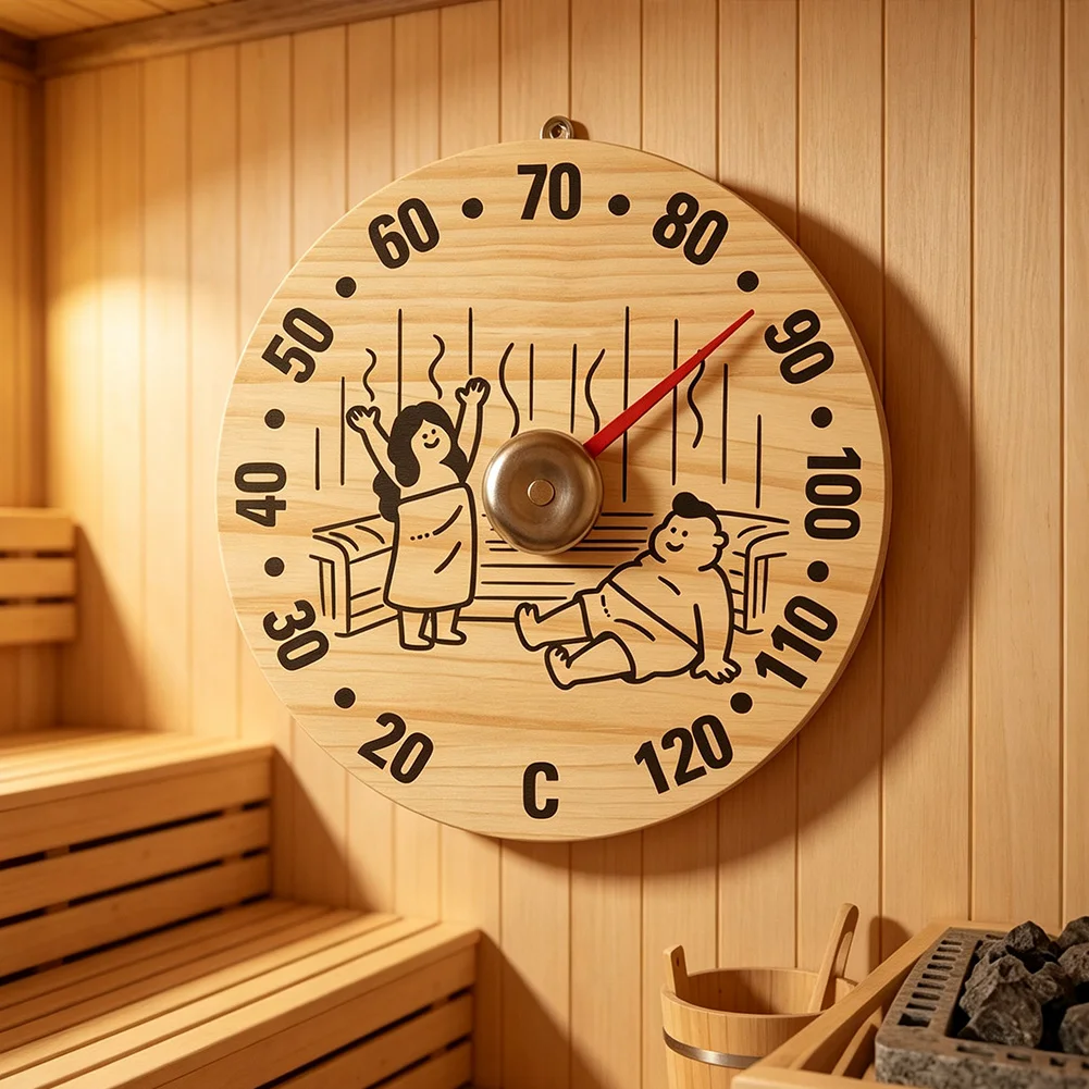 Sauna Wall Thermometer Hygrometer Made of Wood Battery Free Mechanical Design for Steam Bath and Spa Use 12x12x1.5cm