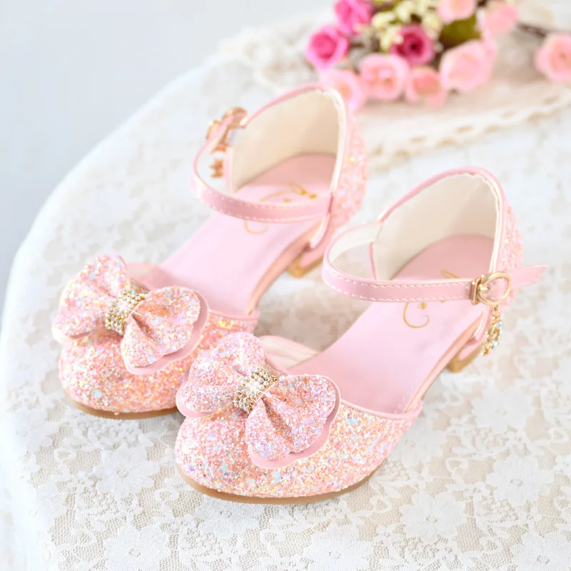 Alpheligance Girls Leather Shoes Children Baby Princess Bowknot Princess Shoes Sequines High Heel Dancing Girls Flower shoes