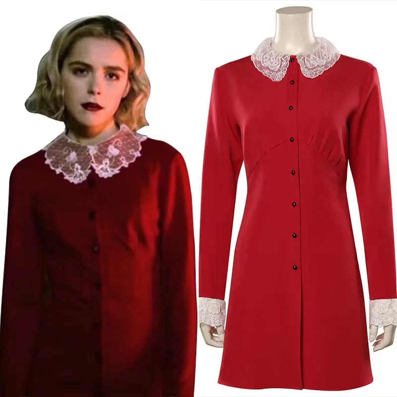 Sabrina Spellman Chilling Adventures of Sabrina Cosplay Costume Long Sleeves Red Dress Skirt Suit Women Halloween Carnival Party