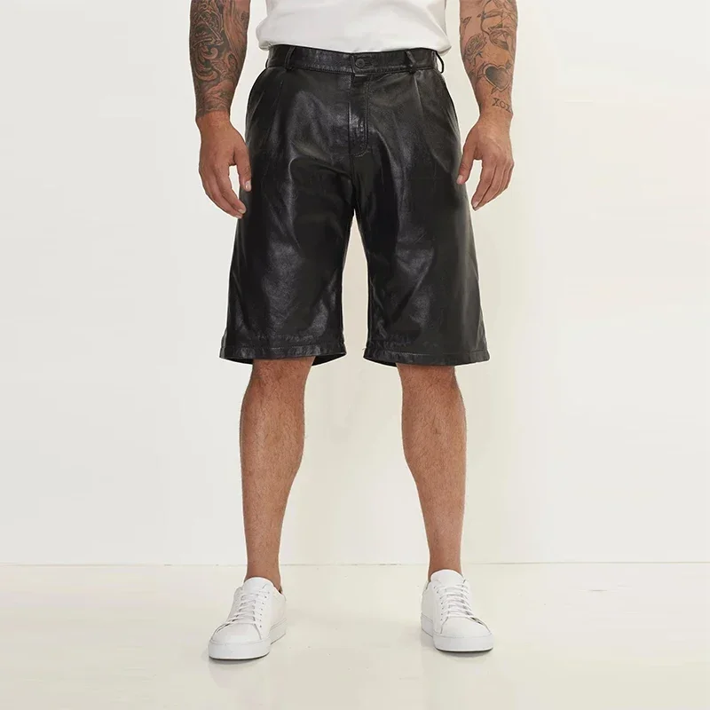 Men's Casual Loose PU Shorts Pocket Black Matte Leather Straight Hot Pants Male Vintage Mid Waist Quarter Pants Custom Clubwear