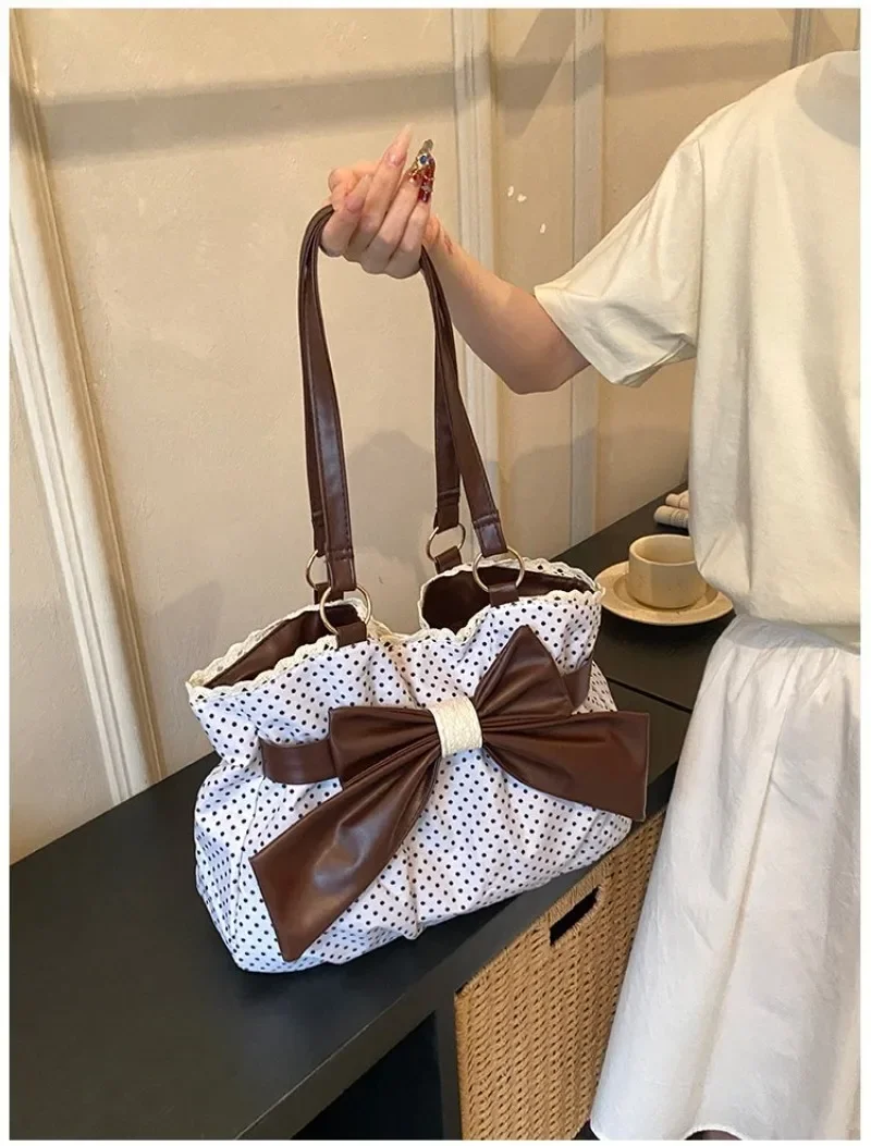 CEEKAY Damen-Tragetasche, weiß, gepunktet, aus Segeltuch, mit großer Schleife, Schultertasche, Reißverschluss, für den täglichen Weg zur Arbeit, lässige Mode – Detail 7