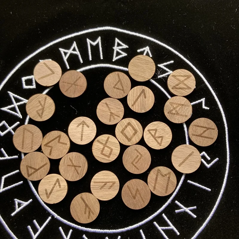 25Pcs Natural Wood Walnut Runes Stones Wooden Mysticism supplies for Divination Rune Kit  Round Altar Occultism Props Pendant