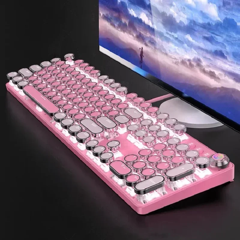 

Pink Keboard 104 Keys Layout LED White Backlit Round Keycaps Green Switch Mechanical Keyboard for Notebook PC