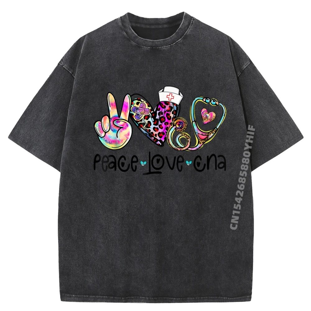 

Peace Love Cna Leopard Heart Stethoscope Nursing Nurse Week Graphic T Shirt Men's Clothing Printed Tees Trendy Washed Tops