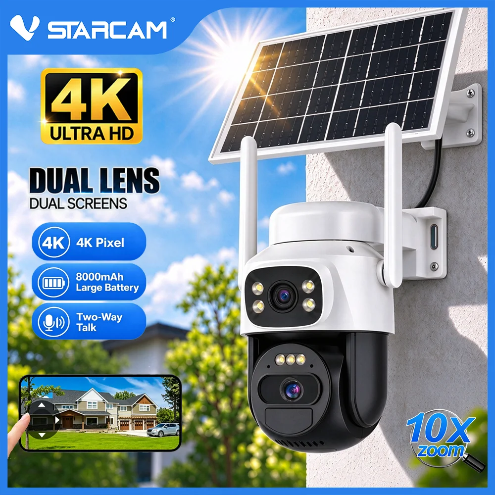 8MP Solar-WLAN-PTZ-Kamera mit Dual-Objektiv, Dual-Bildschirm, eingebautem Akku, 10-fachem Digitalzoom, KI-gestützter automatischer Personenverfolgung, Farbnachtsicht für den Außenbereich,