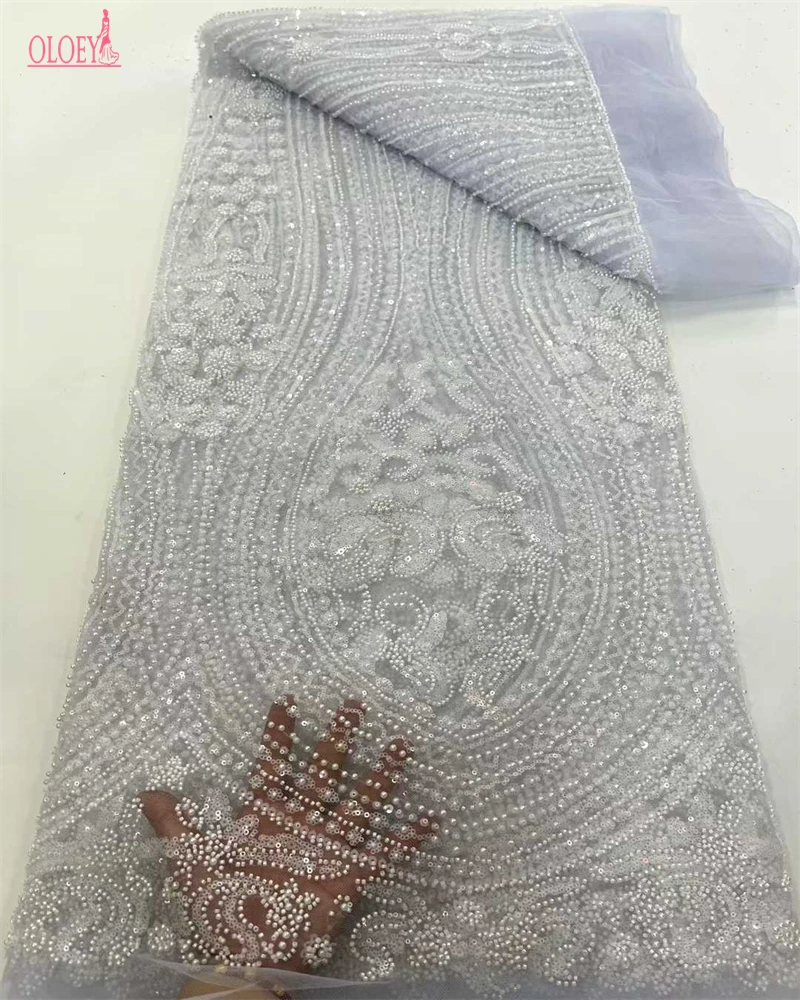 

Luxury African French Tulle Lace Fabric with Sequins Beads High Quality for Nigerian Wedding Dresses And Special Occasions