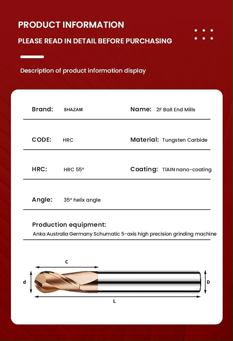 Fräsen Cutter Legierung Beschichtung Wolfram Stahl Werkzeug Cnc Bearbeitungs Hrc55 Kugelkopffräser FLASH-SHAZAM Top Fräser Ma – Detail 16