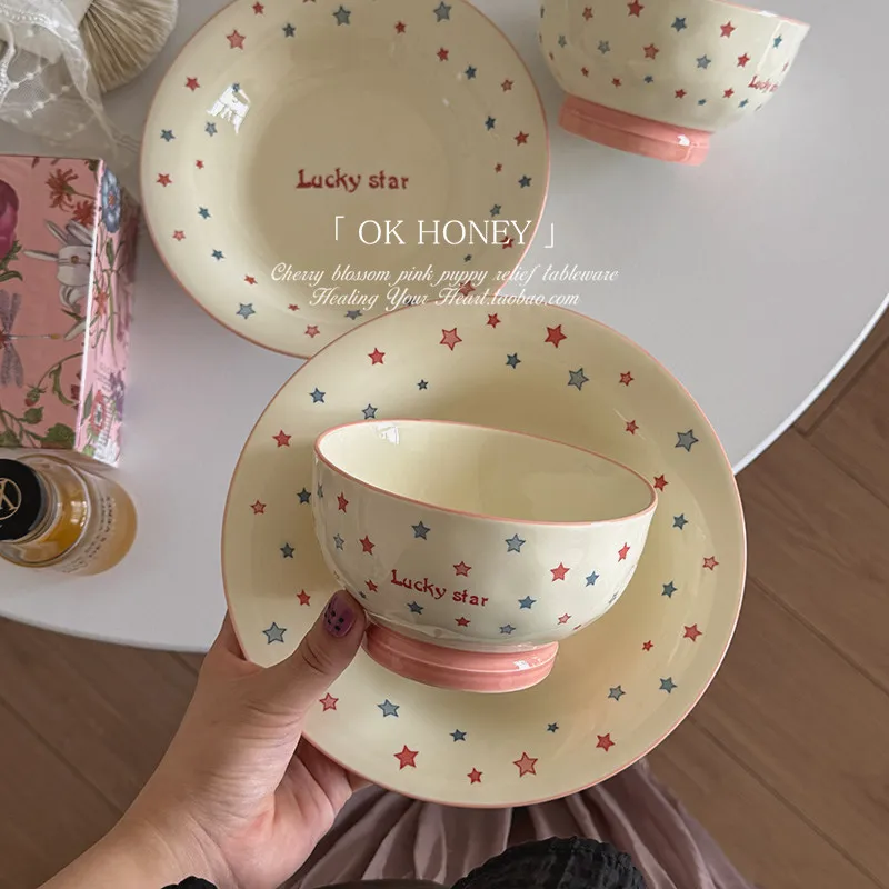 550ml Ceramic Footed Rice Bowls 2026 New Household Color Stars Print Round Dinner Tableware Underglaze Color Fruit Salad Bowl