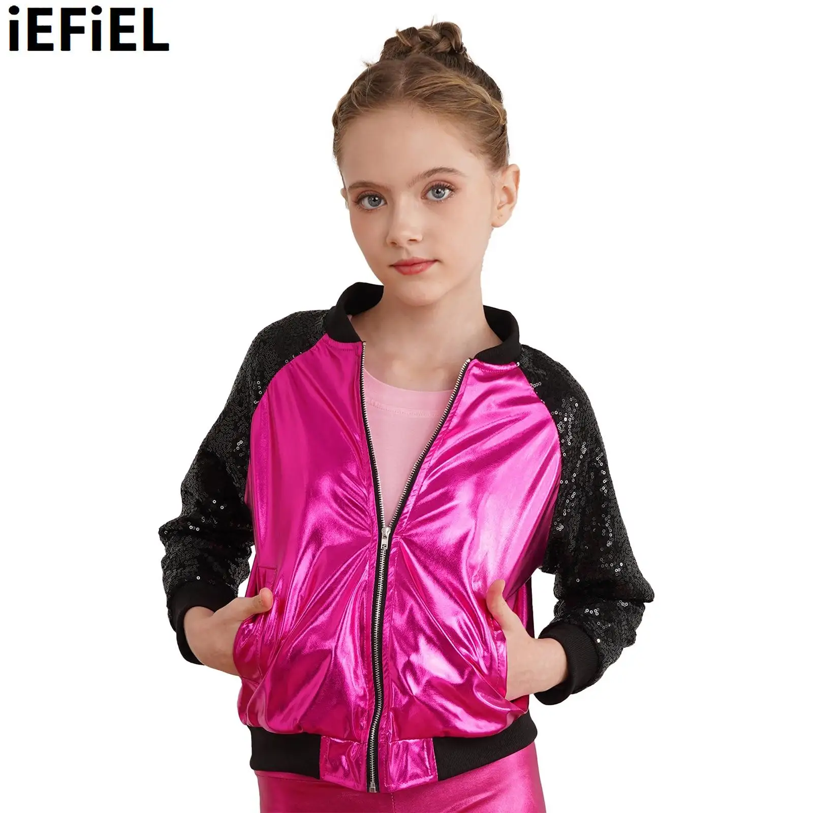 

Kids Girls Shiny Sequins Dance Jacket Long Sleeve V Stand Collar Zipper Closure Front Bronzing Cloth Outerwear Stylish Clothing