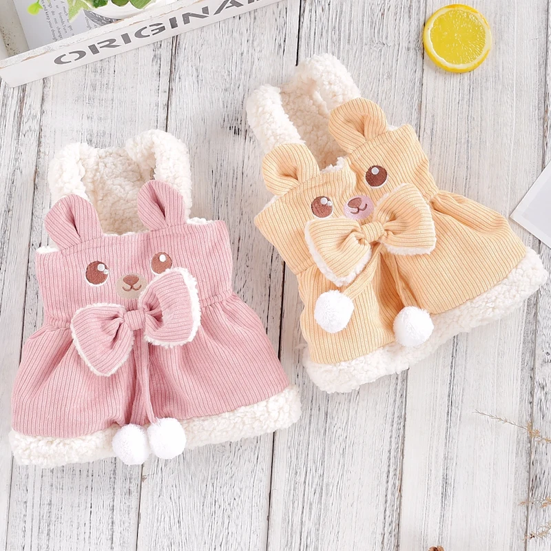 Corduroy Dresses For Dogs Pink Yellow Winter Bear Bow Pet Jumper Yorkie Chihuahua Costumes Girl Boy Female Costumes XS 2XL Puppy