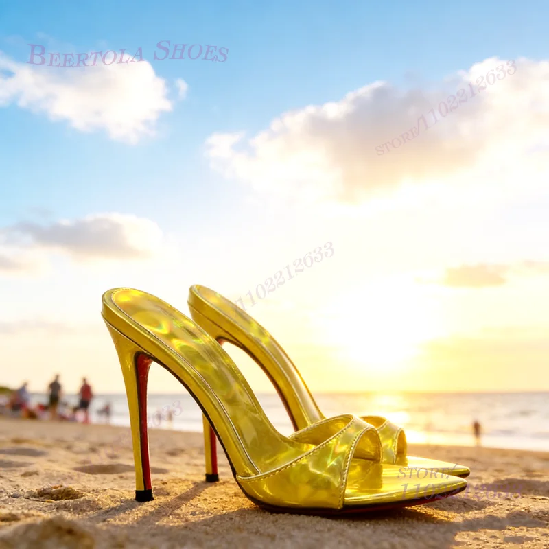 

Женские туфли-мюли на шпильке из лакированной кожи с эффектом радужного золота и блестками, с острым носком, серебристые, металлические, красные, открытые