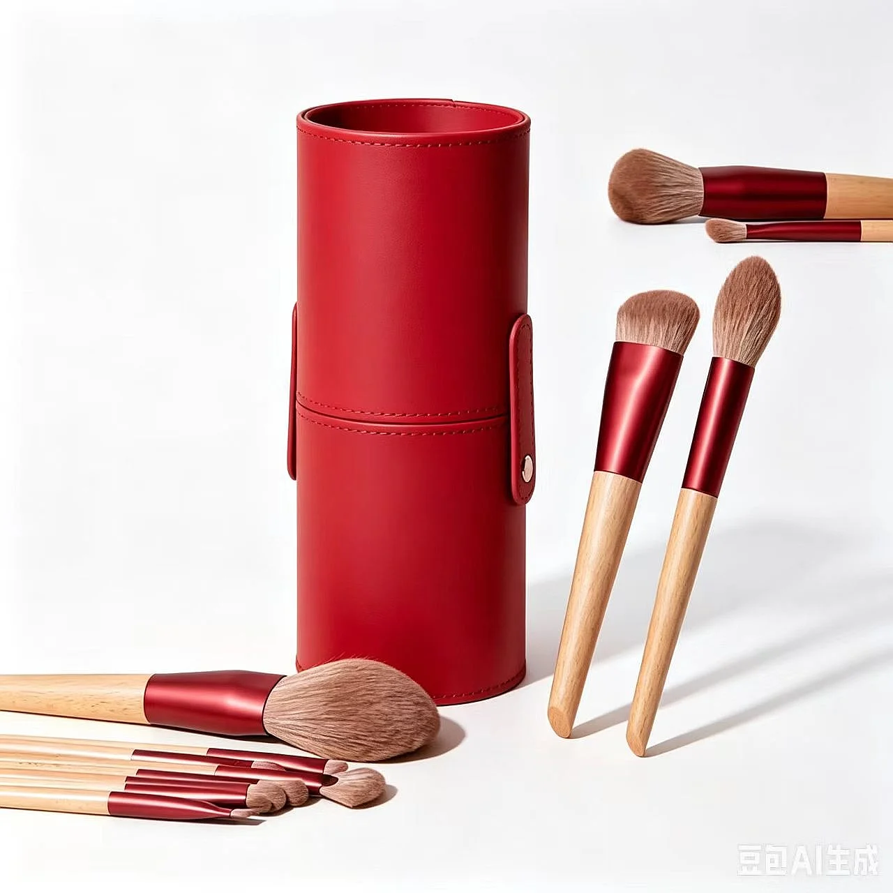 Customized portable travel makeup brush set - red eyeshadow and concealer brush with storage bag and anti-stain brush