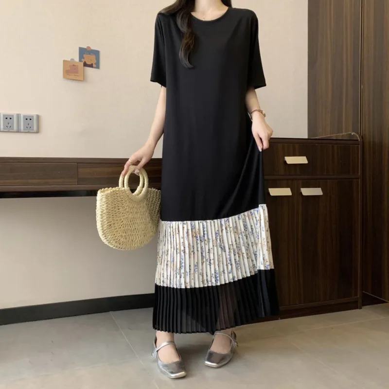 #6137 Spliced Chiffon Pleated T Shirt Dress Women Vintage O-neck False Two Piece Tshirt Dress Ladies Black Straight Streetwear