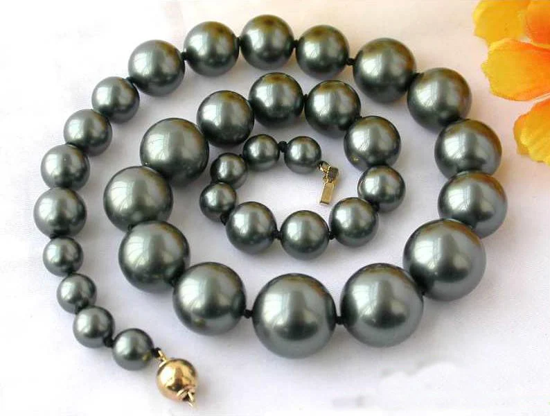 Favorite Pearl Jewelry,17'' 8-16mm Black Round South Sea Shell Pearl Tower Necklace,Wedding Birthday Party Charming Lady Gift