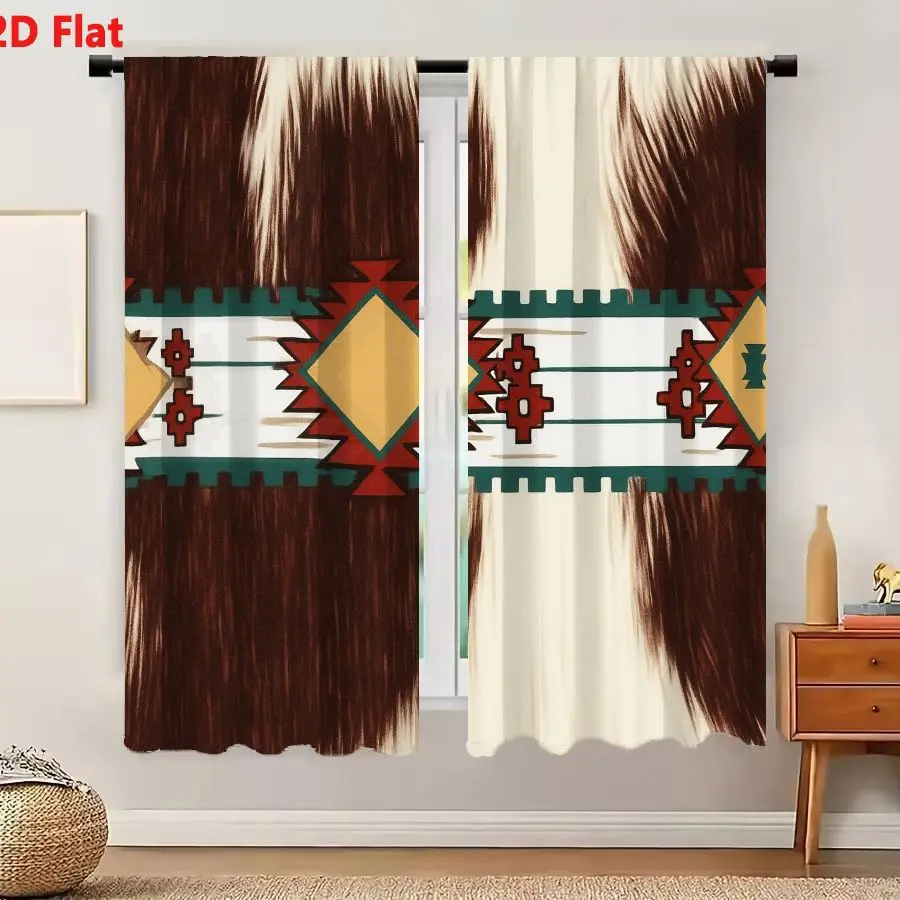 2Pcs Curtains 2D Flat Stylized Horse Coat Pattern With Native American Geometric Motifs In Red Yellow And Teal Window Drapes for