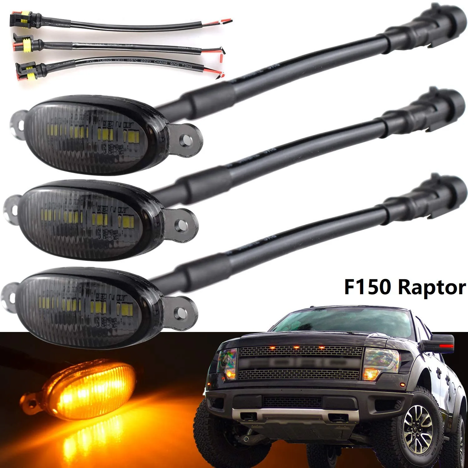 Leading-Front Grill Lights For Ford Raptor F150 Grilles 2010-2014 & 2017-2021 Smoked Lens Yellow LED Parking/Running Amber Light