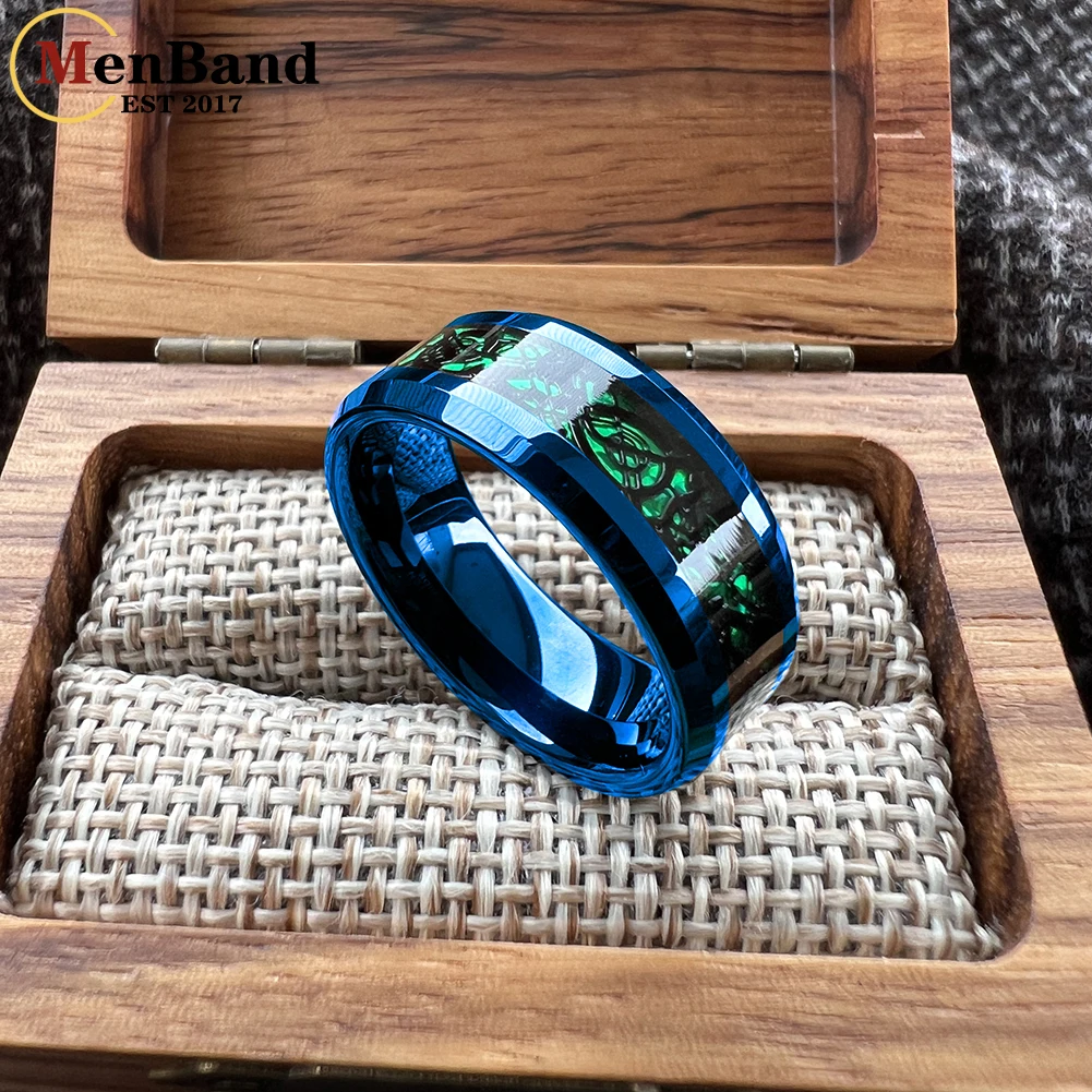 MenBand New Style 8MM Blue Tungsten Carbide Wedding Band Rings Gold Color Dragon And Carbon Fiber Inlay Comfort Fit