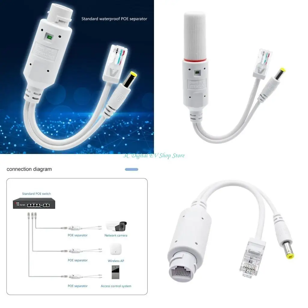 E74D Injector Molding Waterproof PoE Splitter Adapters, Converts 48V to 12V, Data&Power Solution for Phones DC38-57V Input