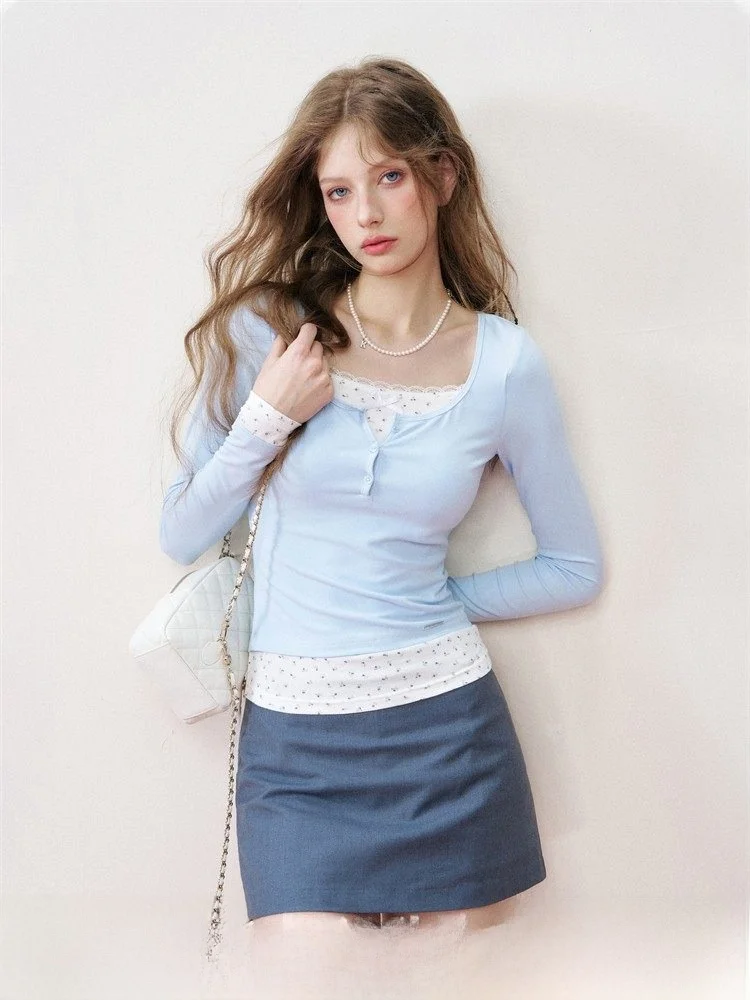 

Kroche Romantic Soft Skin-friendly Slim-fit Long-sve Lace Trim Splice T-irt Ele Commute Sle Floral Pattern