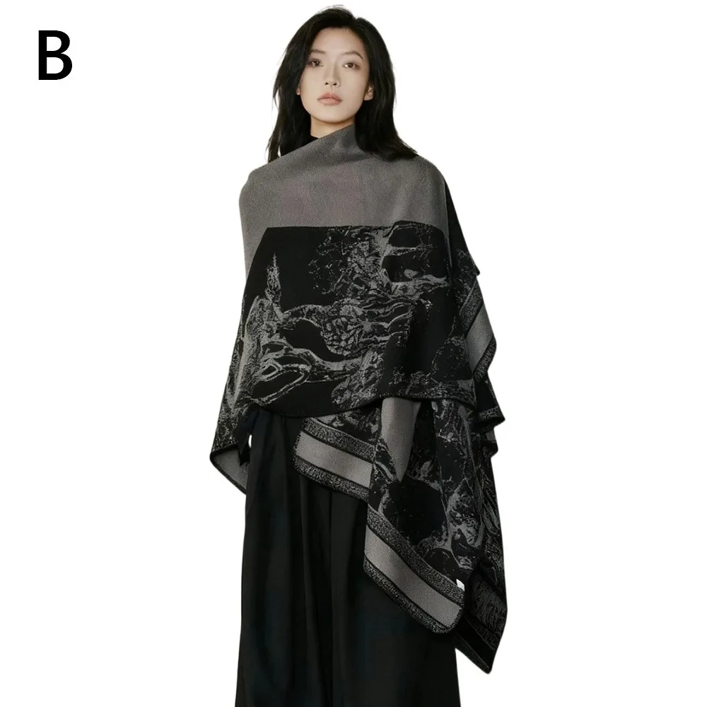 

Loose Fit Knitted Pullover Cape Thick Elegant Style Tie Dye Cape Double Sided Print Warm Fabric Ginkgo Cape Lady Outerwear