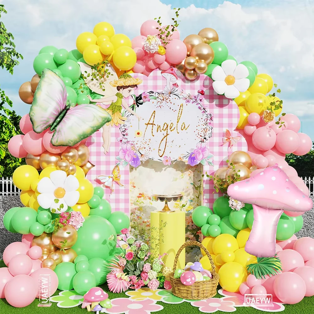 

117Pcs Yellow Green Flower Butterfly Balloon Garland Kit Pink Mushroom Foil Balloon Birthday Baby Shower Spring Party Decoration