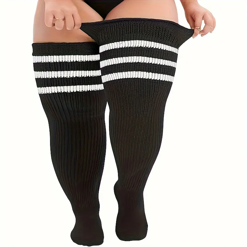 Plus-Size Striped Knee-High Socks, Extra Warm Winter Long Socks, Stylish Compression Socks