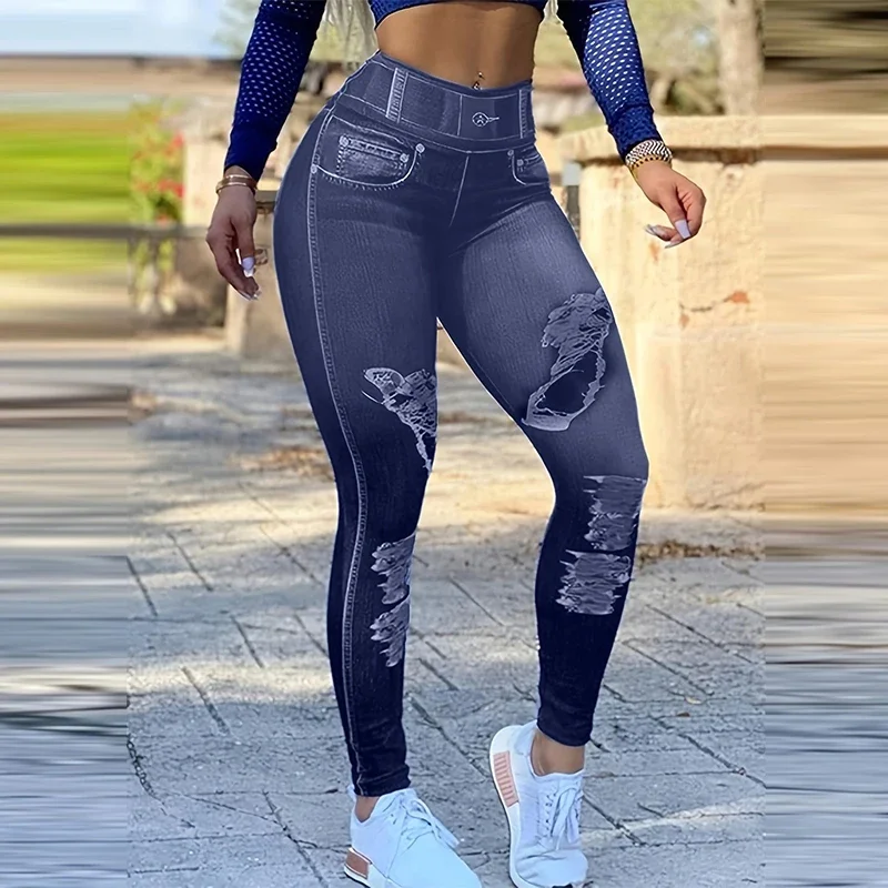 High-Waist Skinny Leggings with Trendy Ripped Details Comfort-fit Polyester, Machine-Washable and Versatile for All-Season Yog