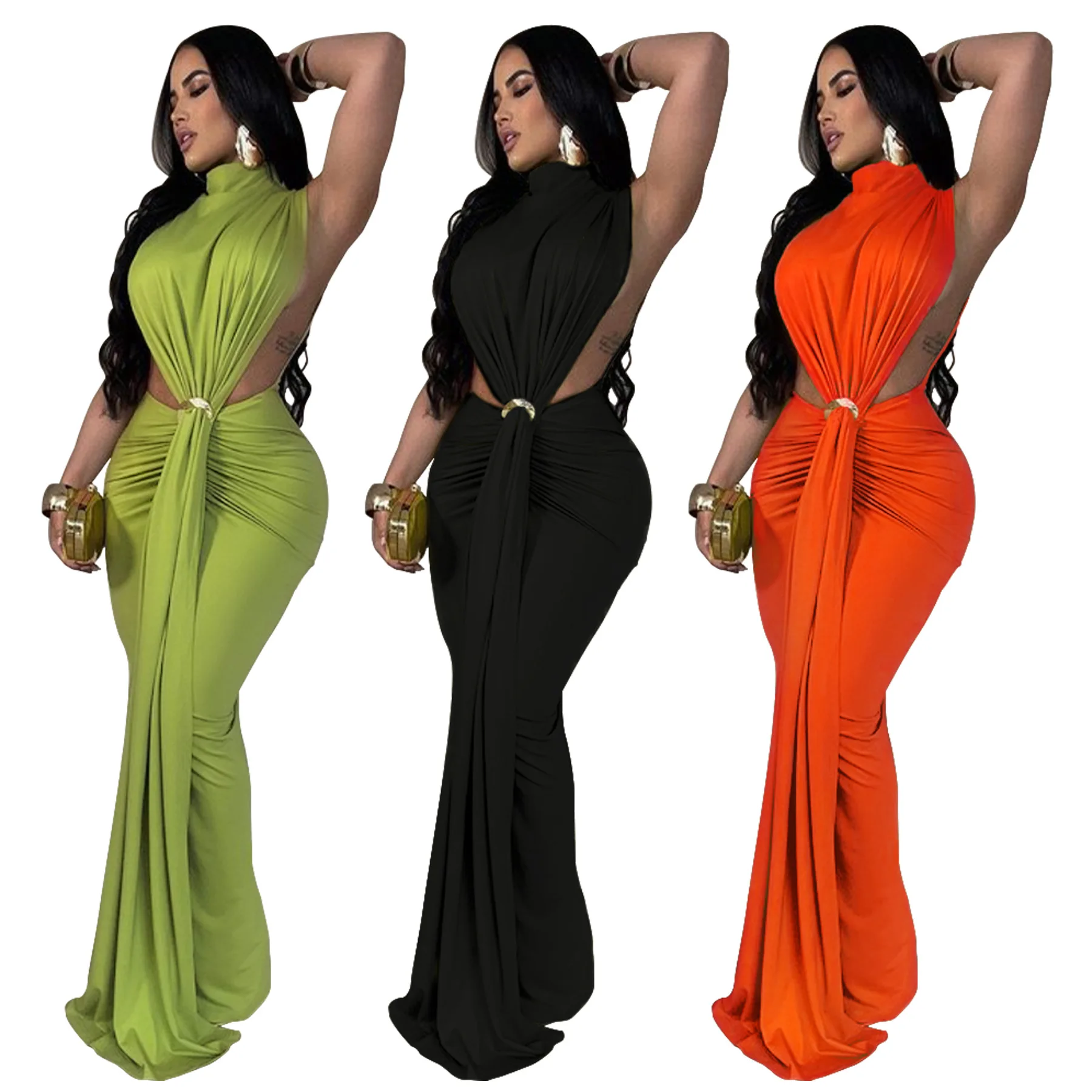 

Sexy Ladies Dress Solid Color Side Slit Sleeveless Fashionable Dress New Arrivals High Neck Hollow Out Waist Party Dressses