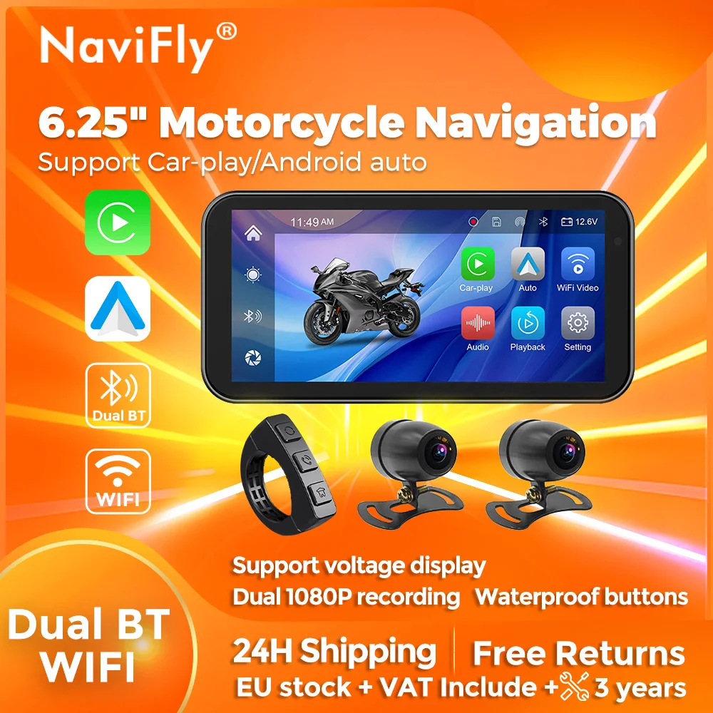Navifly 6,25" Touchscreen Tragbares IP67 Wasserdichtes Motorrad Drahtloses Carplay Android Auto 1080P Laufwerksrekorder LCD TPMS GPS