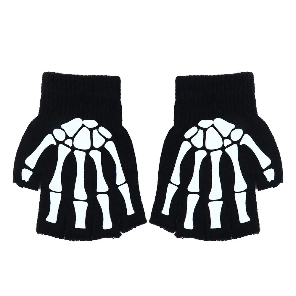 

Hand Bone Male Skull Non Slip Keep Warm Fashion Accessories Full Finger Gloves Half-finger Gloves Halloween Luminous Mittens